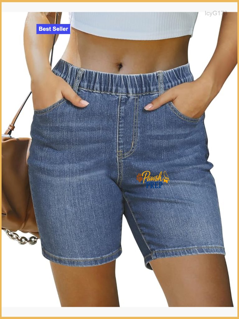 Mid Rise Denim Shorts Elastic Waist Stretchy Pull On 7 Inch Inseam